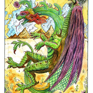 "Cactus Dragon." For Cactus Garden at Gristle Art Gallery. Ink, watercolor + gouache on watercolor paper.