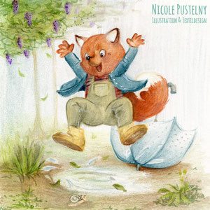 Kinderbuchillustration Fuchs springt über eine Pfütze, Pastell