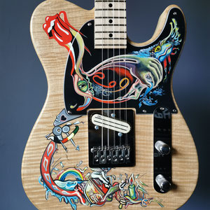 E-Gitarre für einen Stones-Fan, Bemalung inspiriert durch die Musik der Rolling Stones, Sommer 2025