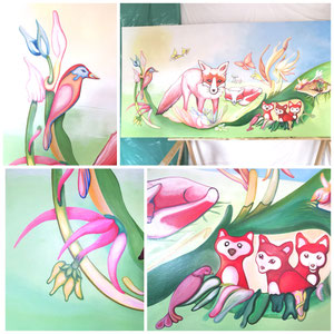 Details Wandbild "Am Fuchsbau" für einen Begegnungsraum für Kinder, 2021, 125 x 250 cm, Acryl auf Holz