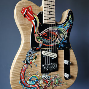 E-Gitarre für einen Stones-Fan, Bemalung inspiriert durch die Musik der Rolling Stones, Sommer 2025