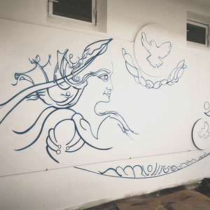 Wandmalerei zum Thema "Frieden", für ein Malteser-Wohnheim, 2019, 1 von 4 Räumen, Hauptwand 3 x 4m, angrenzende Wand 3 x 5 m, Hauptbild auf Holz 125 x 250 cm, Acryl 