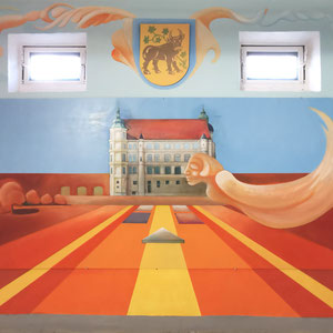 Wandmalerei zum Thema "Barlachstadt Güstrow", für ein Malteser-Wohnheim, 2019, 1 von 4 Räumen, Hauptwand 3 x 4m, angrenzende Wand 3 x 5 m, Hauptbild auf Holz 125 x 250 cm, Acryl 
