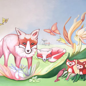 Wandbild "Am Fuchsbau" für einen Begegnungsraum für Kinder, 2021, 125 x 250 cm, Acryl auf Holz