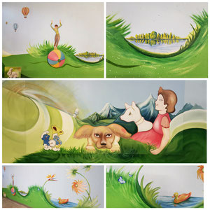 Wandmalerei zum Thema "Naturfreude", für ein Malteser-Wohnheim, 2020, 1 von 4 Räumen, Hauptwand 3 x 4m, angrenzende Wand 3 x 5 m, Hauptbild auf Holz 125 x 250 cm, Acryl 
