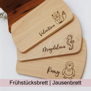 Frühstücksbrett, Jausenbrett aus FSC-zertifiziertem Holz mit Name personalisiert bei zauberhaft Holz.Perle.Kind.