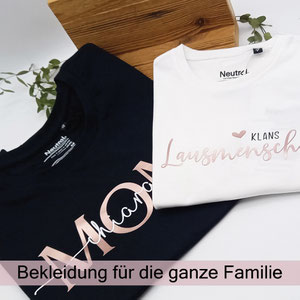 personalisierte Bekleidung für die ganze Familie aus Bio-Baumwolle, Familyoutfit mit Namen personalisiert zauberhaft Holz.Perle.Kind.