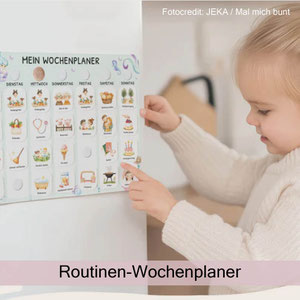 Routinen-Wochenplaner mit liebevoll gestalteten Routinekärtchen von JEKA, Mal mich bunt bei zauberhaft Holz.Perle.Kind.