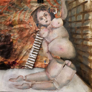 Maria Wirth - For H. Bellmer, 20 x 20cm, textile collage, oil on paper, 2023