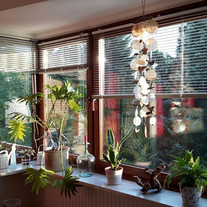 Windspiel aus Treibholz und Capizscheiben im Blumenfenster.