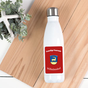Trinkflasche mit Warmhalte und Kühlfunktion für die Feuerwehr Usingen-Michelbach. Die Rückseite trägt den Namen der beschenkten Feuerwehrmänner