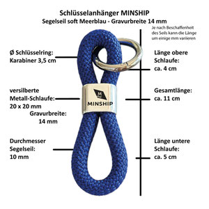 Schlüsselanhänger mit Firmenlogo: Minship Shipmanagement, Schnaittenbach, Segeltau Soft Meerblau mit Karabiner, Handmade by UKo-Art