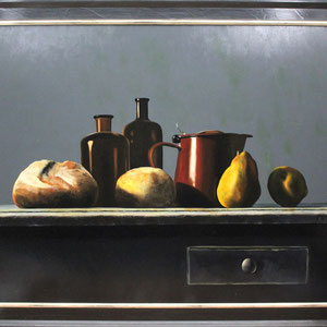 Cornelis de Koning (1957) | 21ste eeuw | Olieverf op board | "Stilleven met flessen, kan, brood en fruit" | Boardmaat 80 cm. x 100 cm. | Taxatiewaarde: 3.500,= euro | Onze scherpste prijs: 1.750,= euro | Met echtheidscertificaat!