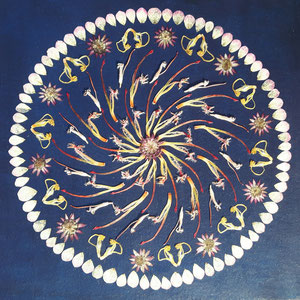 Aus den gepressten Blüten des Brautstrausses fertigt die Künstlerin ein Kunstwerk für die Ewigkeit. Es ist ein Mandala mit Blüten von Protea und Rosen  