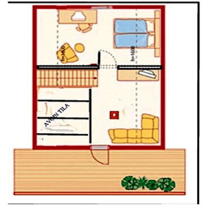 Sunny Mökki Sysmä. Grundriss Dachgeschoss mit Beispielausstattung