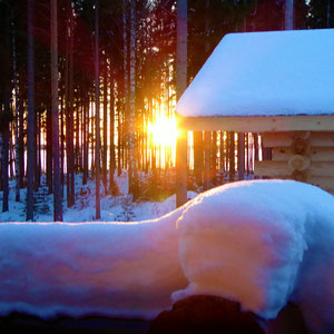 Kehren Sie nach Ihren winterlichen Aktivitäten zurück in die dampfende Sauna mit Blick in das Abendrot und die winterliche Landschaft am See