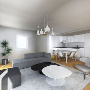 VUE 3D SUR ESPACE SEJOUR + CUISINE