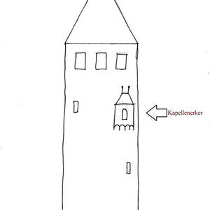 Diese Zeichnung soll einen Wohnturm darstellen, der einen Turmhelm und einen Kapellenerker besitzt.