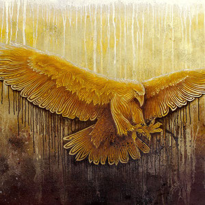 mystische Malerei, Titel: "Angriff" (140x100m) - Acryl, Kreide, Sprühlack, Pigmente auf Leinwand Begegnung (