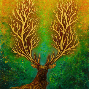 mystische Malerei, Titel: „Inbrunst“ (130x220cm) - Acryl, Kreide, Sprühlack, Schlagmetall, Pigmente auf Platte