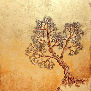 mystische Malerei, Titel: "der goldene Baum", Schlagmetall und Tusche auf Pappe