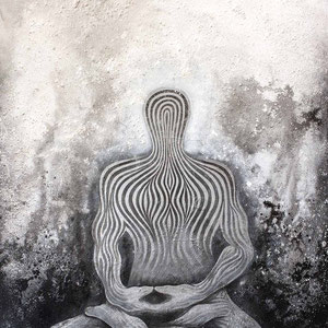 mystische Malerei, Titel: "Meditation" (130x220cm) - Acryl, Kreide, Sprühlack, Schlagmetall, Pigmente auf Platte