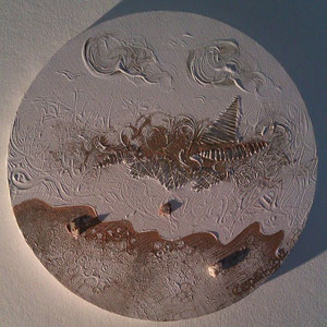 Canvas Sculpture - The Elements 3: Invisible Thread, Acrylic, Enamel & Shell, 30cm diameter, 2012.