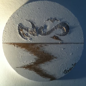 Canvas Sculpture - The Elements 2: Invisible Thread, Acrylic, Enamel & Shell, 30cm diameter, 2011.