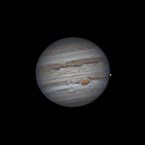 18 juillet 2020 à 21h35 TU. Io, Jupiter, Europe. Maksutov 180/2700 mm, CMOS ZWO385MC, CDA, barlow 2X, filtre UV/IR cut