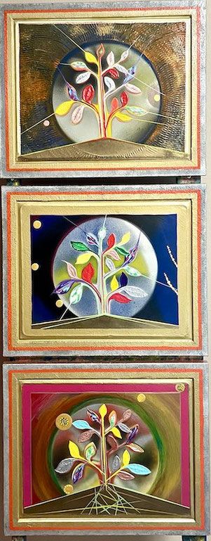 Dreiteiliges abstraktes Triptychon von Andreas Alka. Drei aufeinander abgestimmte Werke symbolisieren Wurzeln, Stamm und Baumkrone als Sinnbild für Ursprung, Wachstum und den Kreislauf des Lebens. Mischtechnik auf Leinwand mit handgefertigten Rahmen. 