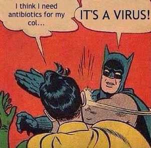 Robin diz que precisa de antibióticos por causa de uma gripe; Batman rebate com o comentário mais utilizado pelos médicos alemães: é um vírus!