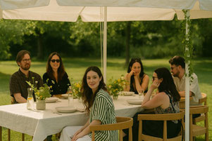 tavolata estiva sotto un gazebo in giardino che conversano in modo rilassato. Scena di slow life e mindfulness
