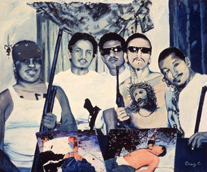 blood in blood out movie, bound by honour, vatos locos, adan hernandez, merchandise, chicano noir, cheech marin collection, carnalismo, artwork, poster, print, painting, drawing, estate of adan hernandez, legacy, paco, cruz, miklo