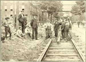 Railway workers and George Pellissier (centre left) stand next to a thermite crucible prior to ignition during the laying of the first tracks in the United States using the thermite welding technique in August 1904