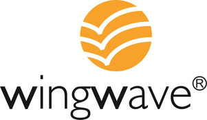 Orangenes wingwave-Logo mit 3 angedeuteten Schmetterlingsflügeln