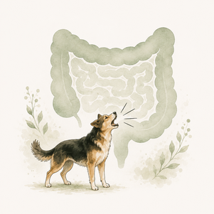 Illustration eines bellenden Wachhundes vor einer Darmsilhouette. Die Grafik symbolisiert, dass das Nervensystem bei einem Reizdarm bereits auf harmlose Reize mit Alarm reagieren kann.