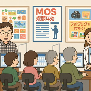 パソコンジム豊中の教室風景イラスト。インストラクターと生徒が和やかに授業をしている様子。