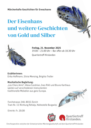 Werbeflyer für einen Erzählabend im Quartiertreff Hirslanden in Zürich am Freitag 21.11.2025. Thema: Der Eisenhans und weitere Geschichten von Gold und Silber.