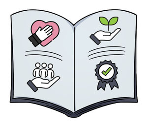 Illustration dessinée à la tablette graphique représentant un livre ouvert avec un cœur, des silhouettes humaines, un seau de certification et une main tenant une plante, symbolisant les valeurs humaines et écologiques de Puri New Zealand