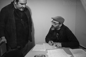 Thanos & I reviewing our music during a rec. session. Photo by Rafa Pasadas