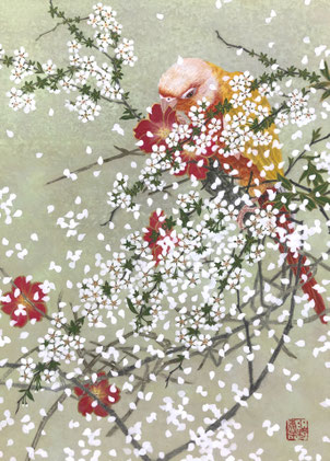 「もようがえ」和紙、膠、岩絵の具、墨、胡粉、金泥　F4号