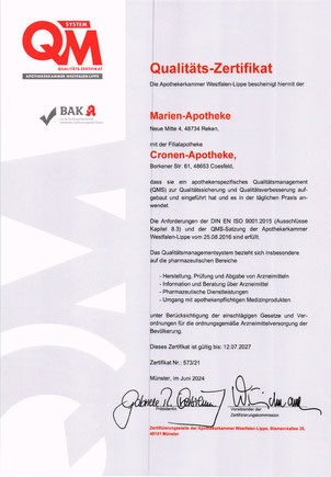 QM-Zertifikat 2024 Cronen Apotheke Coesfeld