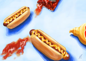 Ketchup and mustard and many many hot dogs, stil: acrylic, öastel, pencil, 2026