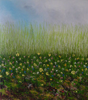 Ölgemälde, Wiese, blauer Himmel, bunte Blumen
