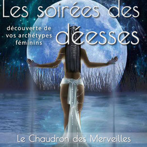 visuel présente la soirée des déesses jeu découverte des archétypes féminins créé par Caroline SIMON artiste peintre en Savoie et accompagnatrice des femmes 