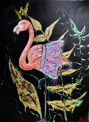 Peinture originale tableau coloré d'un flamand rose qui porte un tutu de danseur étoile avec un fond noir et feuillage jungle doré