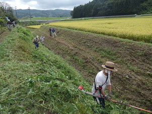 一関市　花泉　中神自治会　中山間事業の草刈りの様子