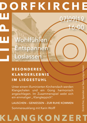 Flyer Veranstaltung Dorfkirche Liepe – Klangkonzert am 07.09.2019, Besonderes Klangerlebnis im Liegestuhl mit Karin Wolff