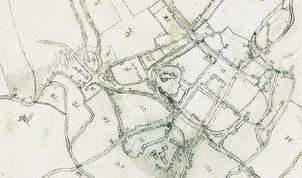 Stadtplan Radeberg 1665 von Samuel Nienborg. Ausschnitt Zentrum.