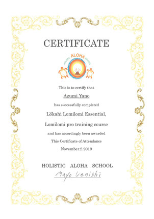 Certificat Lokahi Lomi Lomi